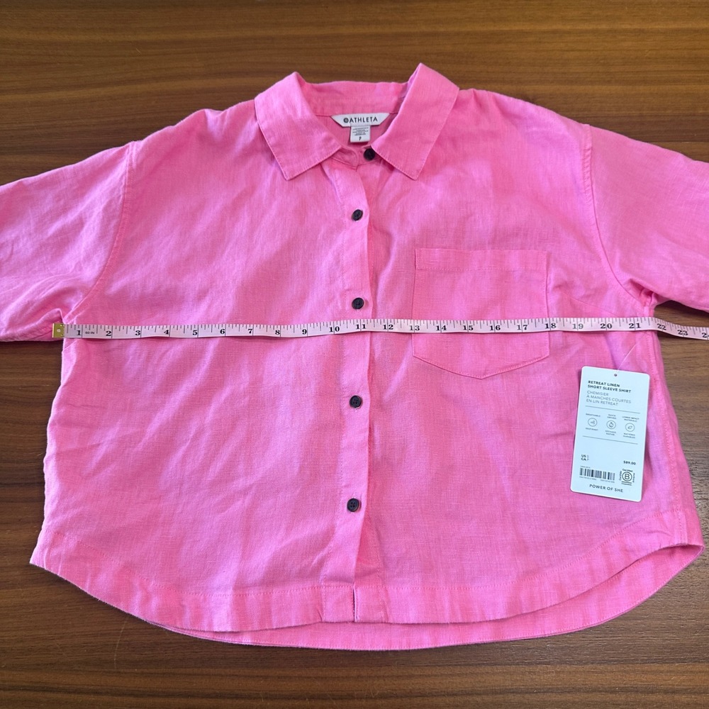 Athleta Retreat 100% Linen Shirt Women Small Pink Short Sleeve Boxy Crop Coastal - Picture 5 of 10